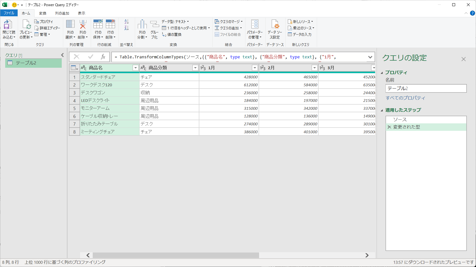 クロス集計表のデータがPower Queryに取り込まれた