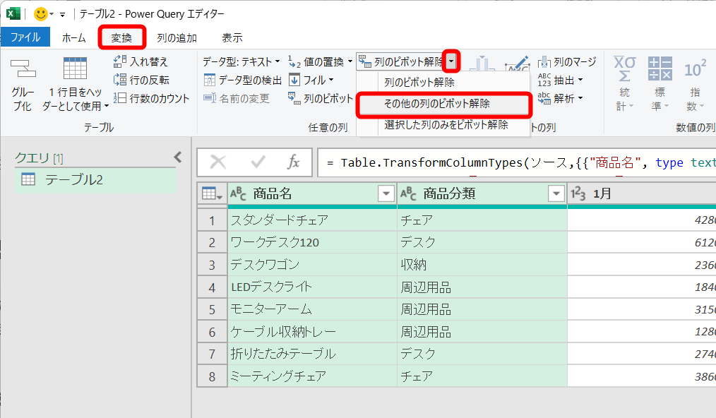 ［変換］タブにある［列のピボット解除］－［その他の列のピボット解除］をクリックする