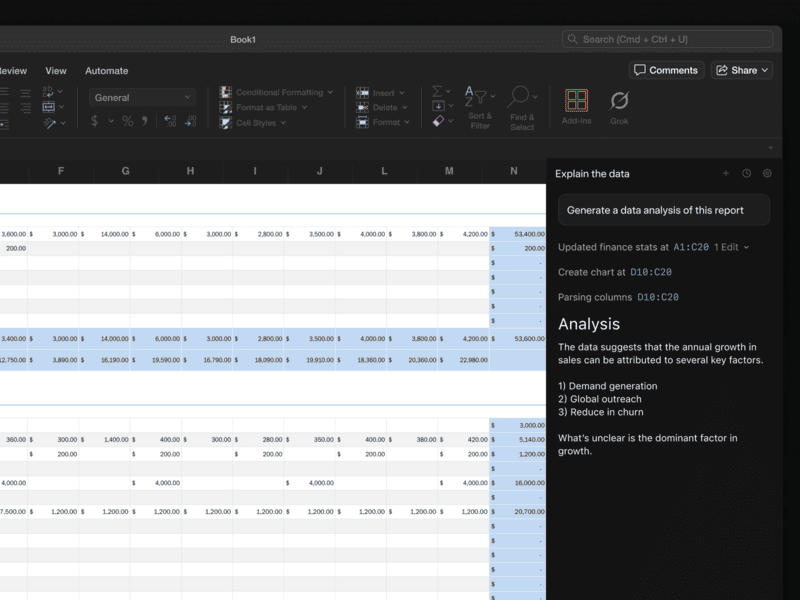 「Grok 4.5」を「Excel」のサイドパネルで。質問だけでなく、さまざまなタスクを依頼できる