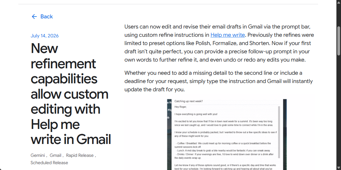 「Gmail」の文章修正サポート機能が独自プロンプトでAIによる下書きの修正可能に