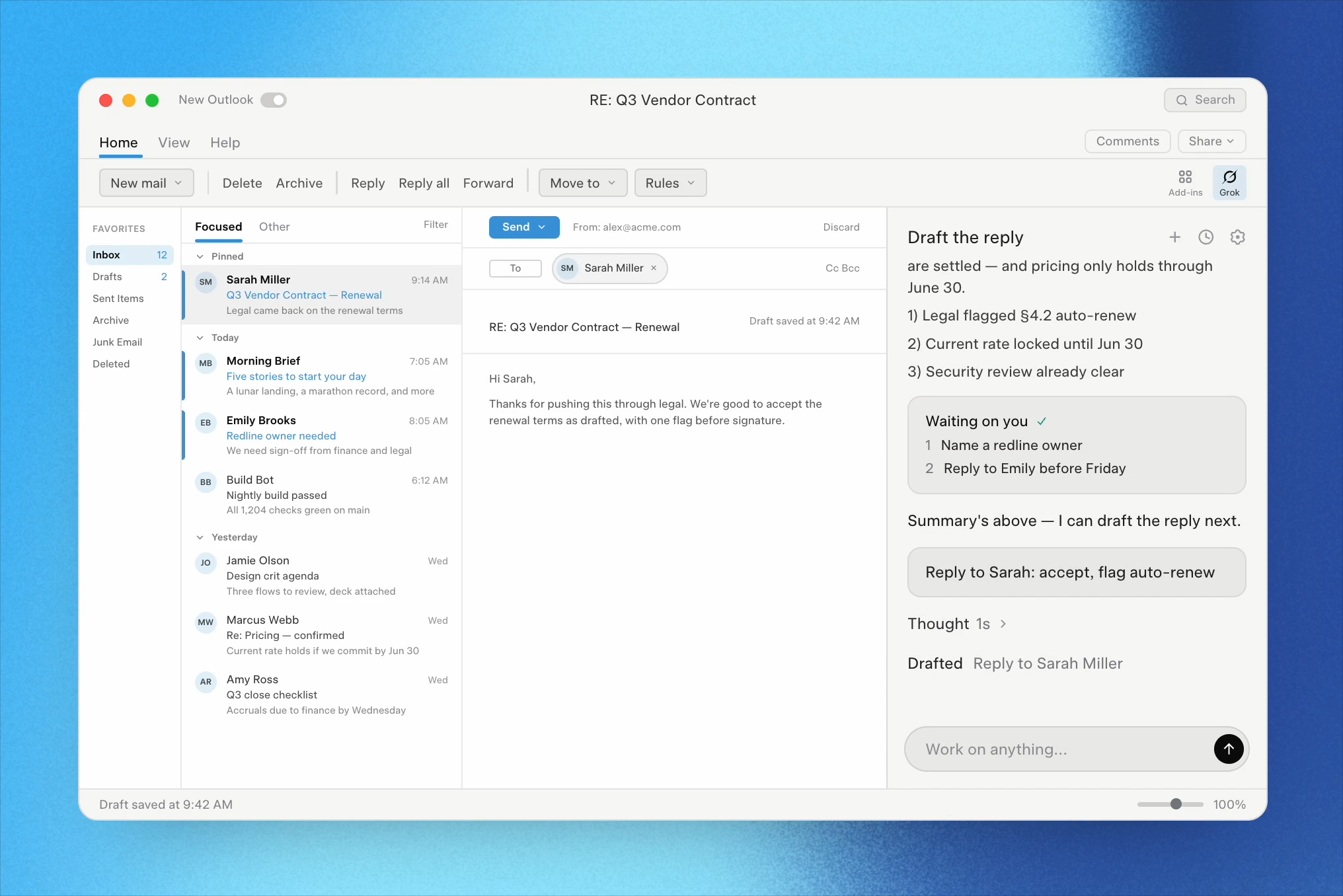 「Grok」が受信トレイの脇に常駐し、スレッドの要約や返信の下書きを行う