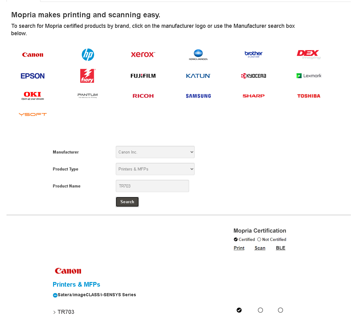 MopriaのWebサイトで、キヤノン製インクジェットプリンター「TR703」を調べてみると、認定を受けているのが確認できた