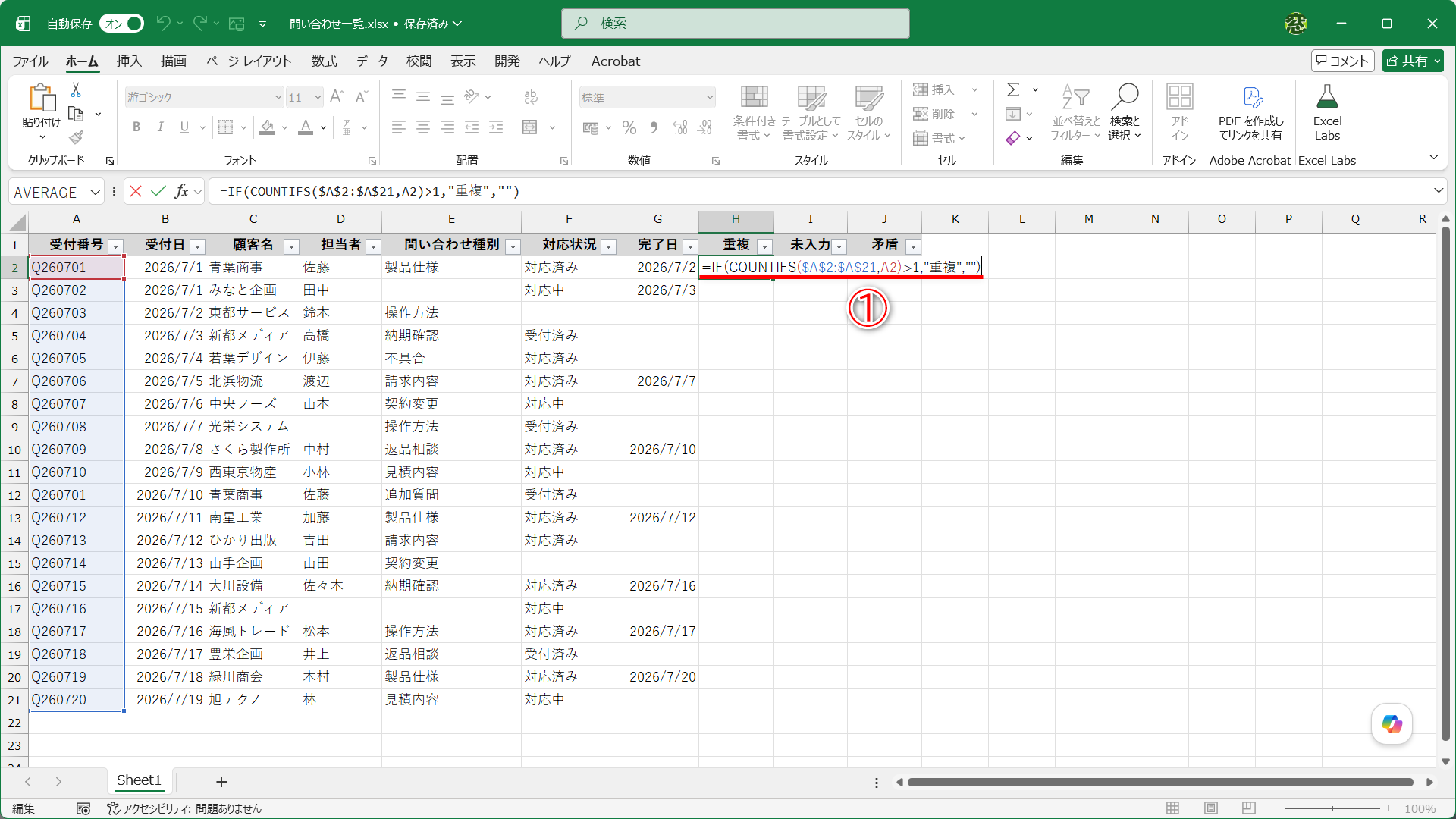 セルH2に「=IF(COUNTIFS($A$2:$A$21,A2)>1,"重複","")」と入力します（①）