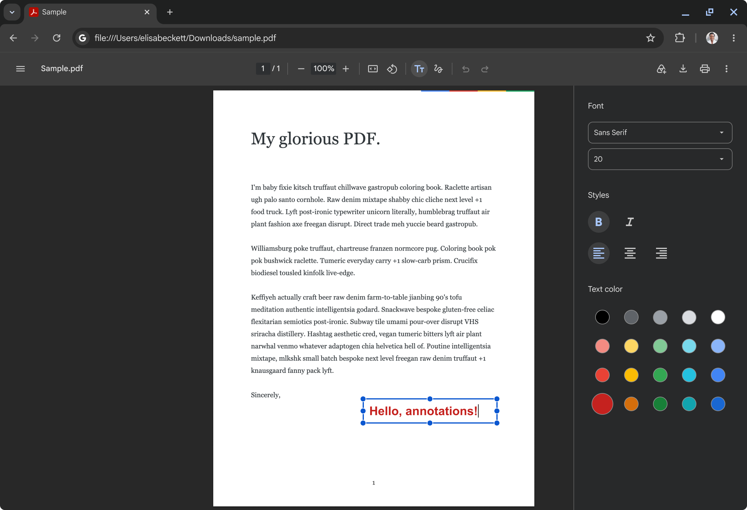 内蔵のPDFビューワーでテキスト注釈の追加・編集がサポート