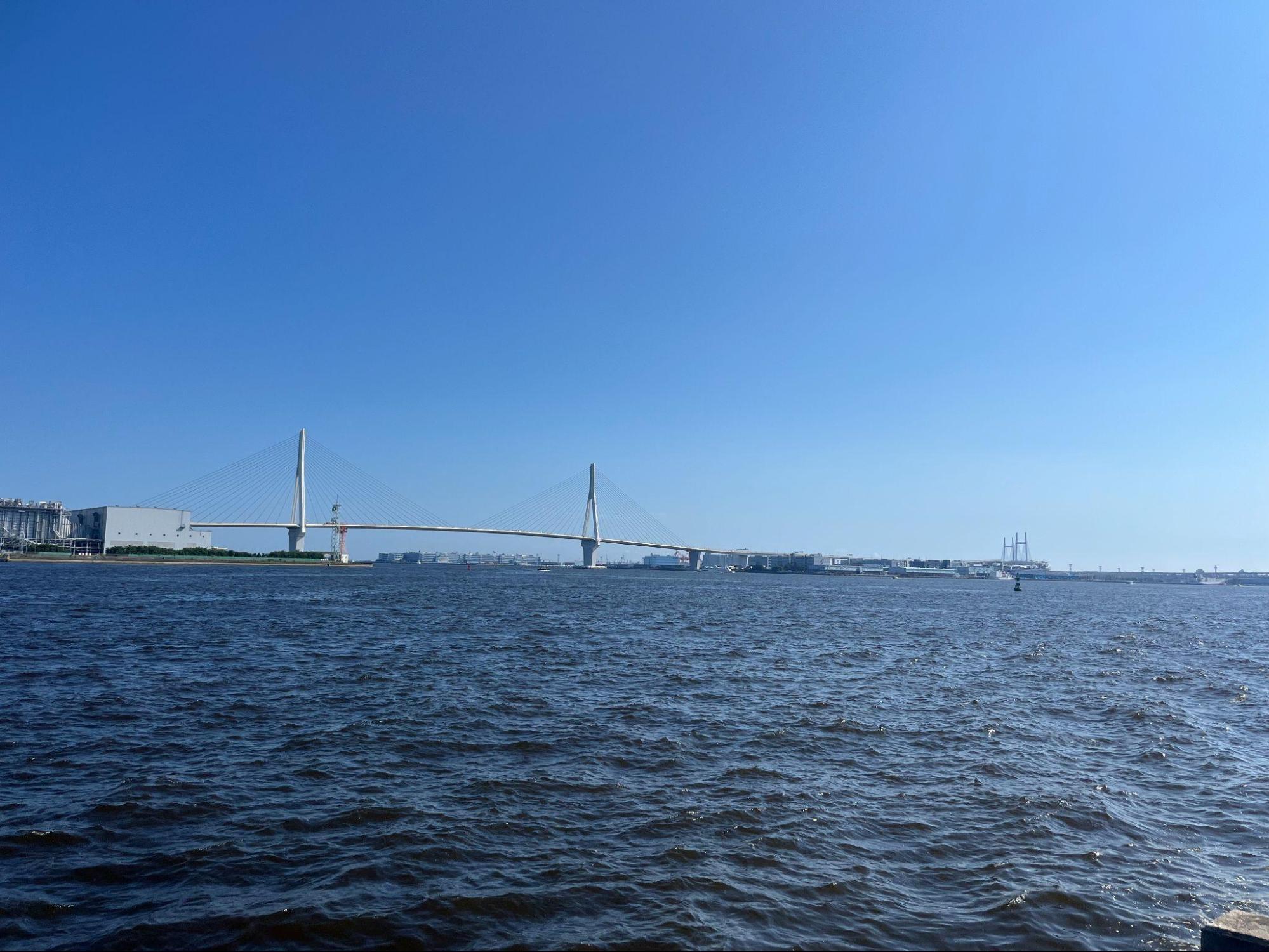 ホームから見えた港の風景。工業地帯と海が一緒に見えるのが海芝浦駅らしい。右手奥には横浜のベイブリッジも見える。