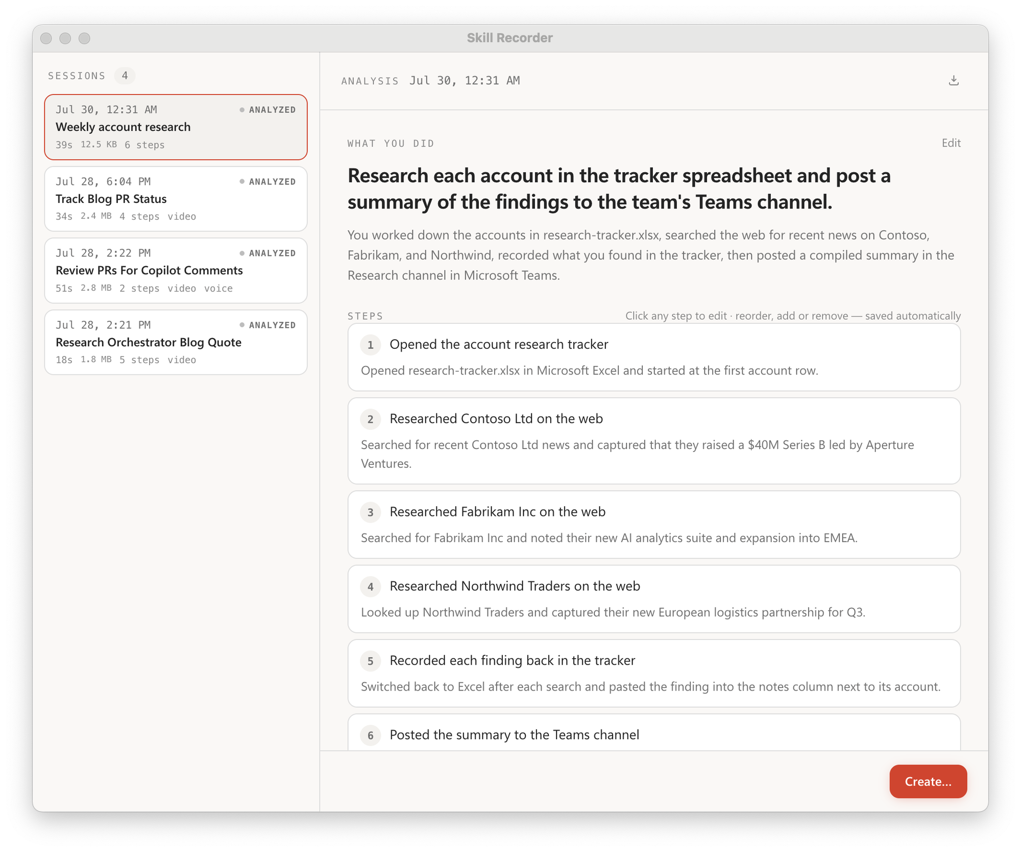 記録されたデスクトップ操作は「GitHub Copilot」が解析した上で、AIエージェントが実行できる“順序立てられたステップのリスト”の形式でライブラリに保存