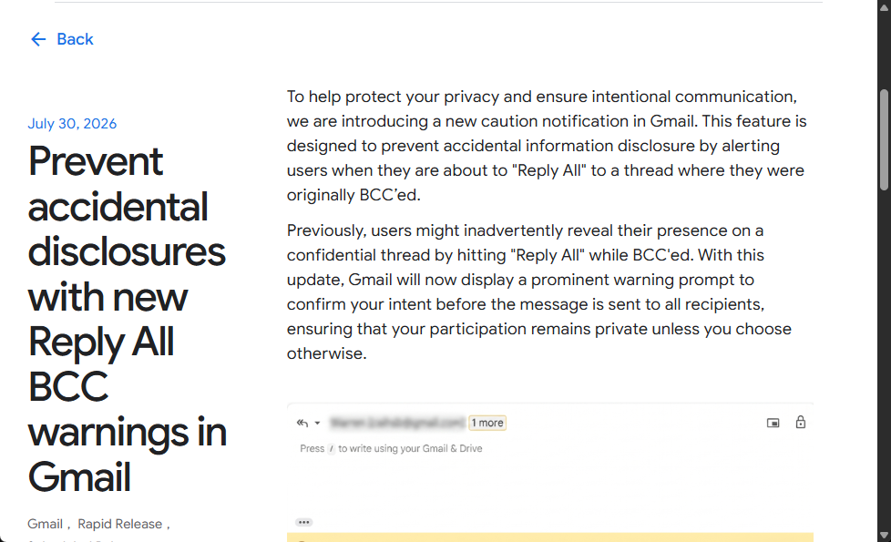 「Gmail」に誤送信防止の新機能 ～BCCで受信したメールの［全員に返信］で警告を表示