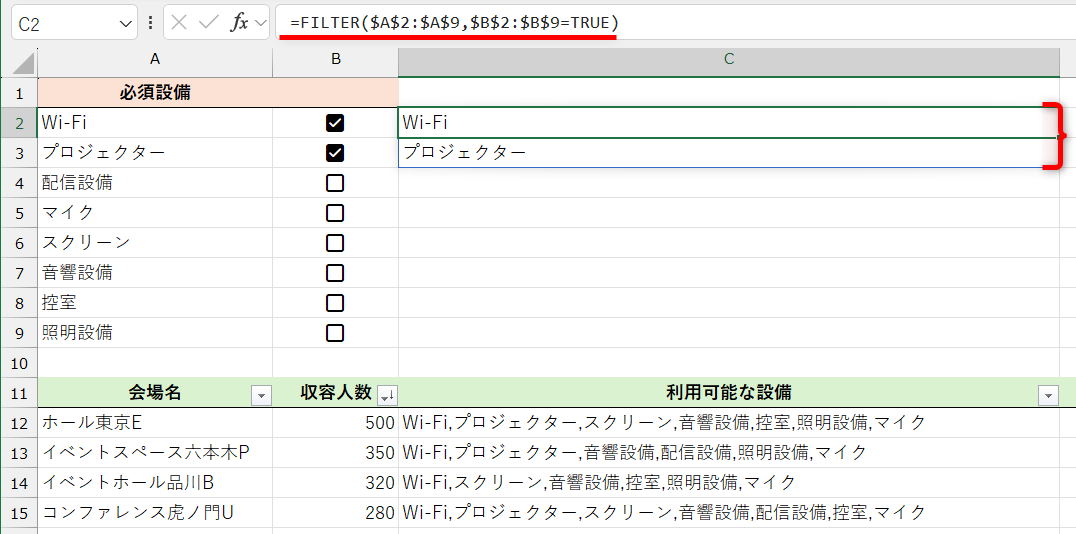 セルC2に「=FILTER($A$2:$A$9,$B$2:$B$9=TRUE)」と入力すると、B列のチェックがONの設備がスピルで表示される