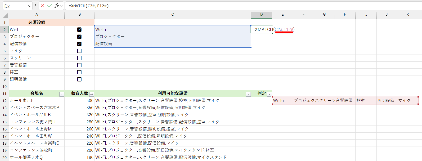 必須設備と会場の設備一覧の結果はスピルなので、結果のセル範囲は「C2#」のように参照できる
