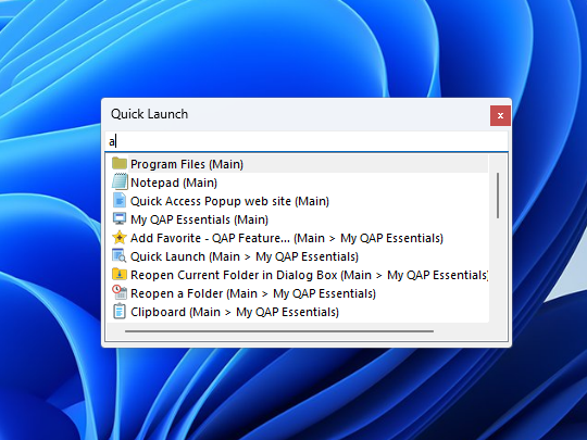 ［Shift］＋［Ctrl］＋［Q］キーを押すと小さな検索ボックス「Quick Launch」が現れる