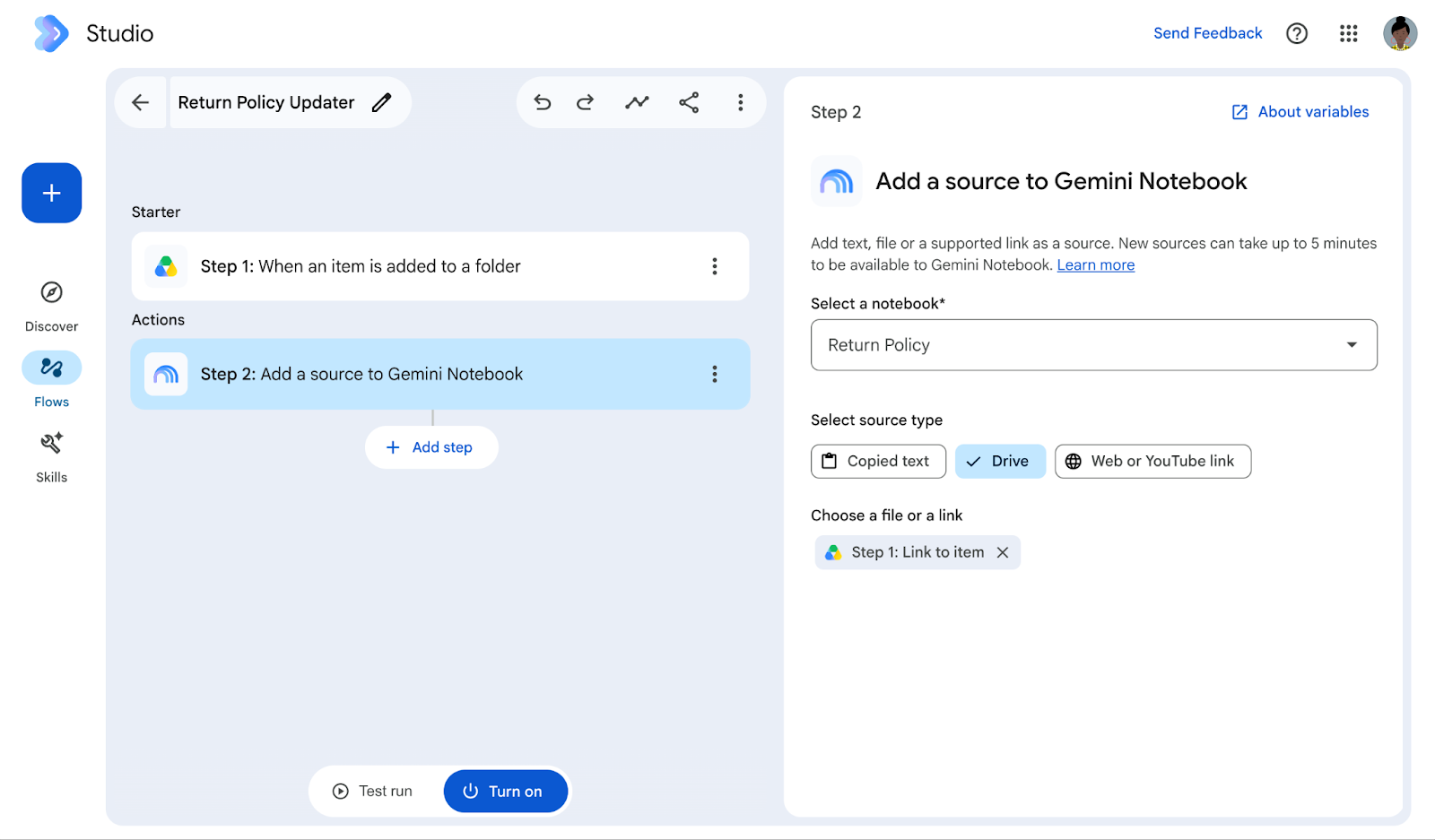 ［Add a source to Gemini Notebook］ステップ