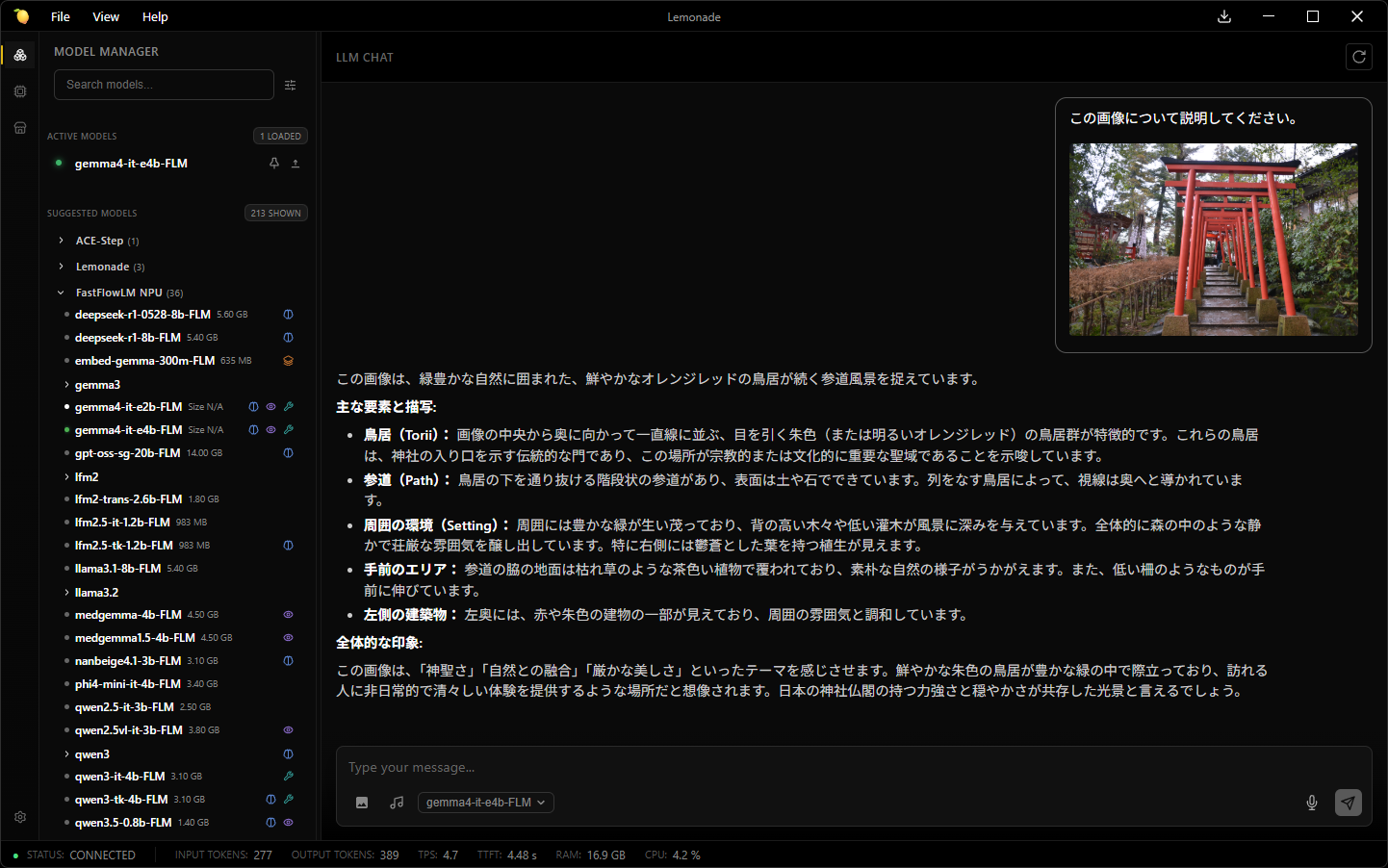渡した写真を認識した上で回答が得られている。これもNPUだけで処理している
