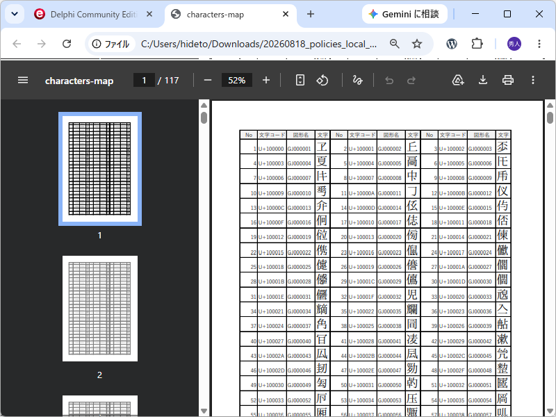 同梱されている文字対応表「characters-map.pdf」。全117ページにわたって収録文字が記載されている