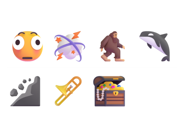 「Emoji 17.0」で追加される新しい絵文字。左上から、ゆがんだ顔、ケンカ雲、毛むくじゃらの生物、シャチ、地滑り、トロンボーン、宝箱