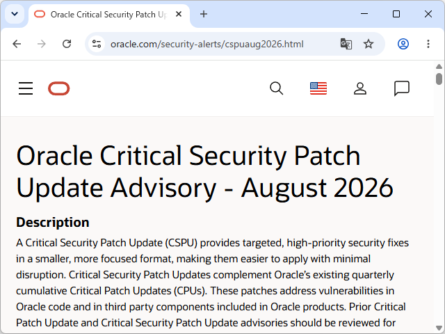 「Oracle Critical Security Patch Update Advisory - August 2026」