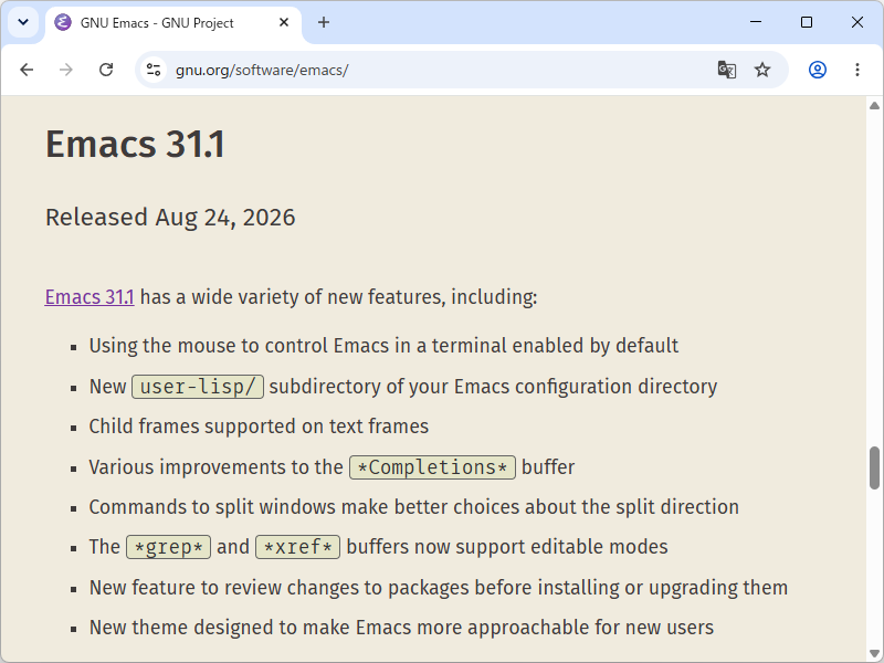 「GNU Emacs 31.1」が公開