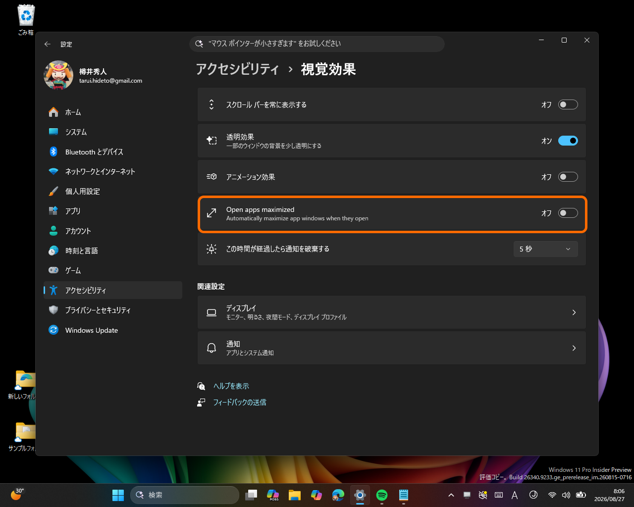 ［アクセシビリティ］－［視覚効果］に追加された［Open apps maximized］