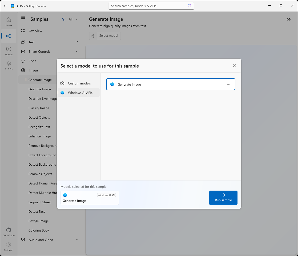 ［Windows AI APIs］にある［Generate Image］のサンプルを実行