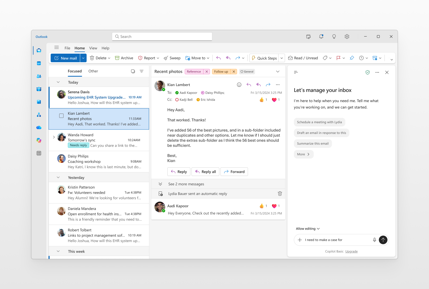 「Microsoft Outlook」の「Copilot」サイドペイン