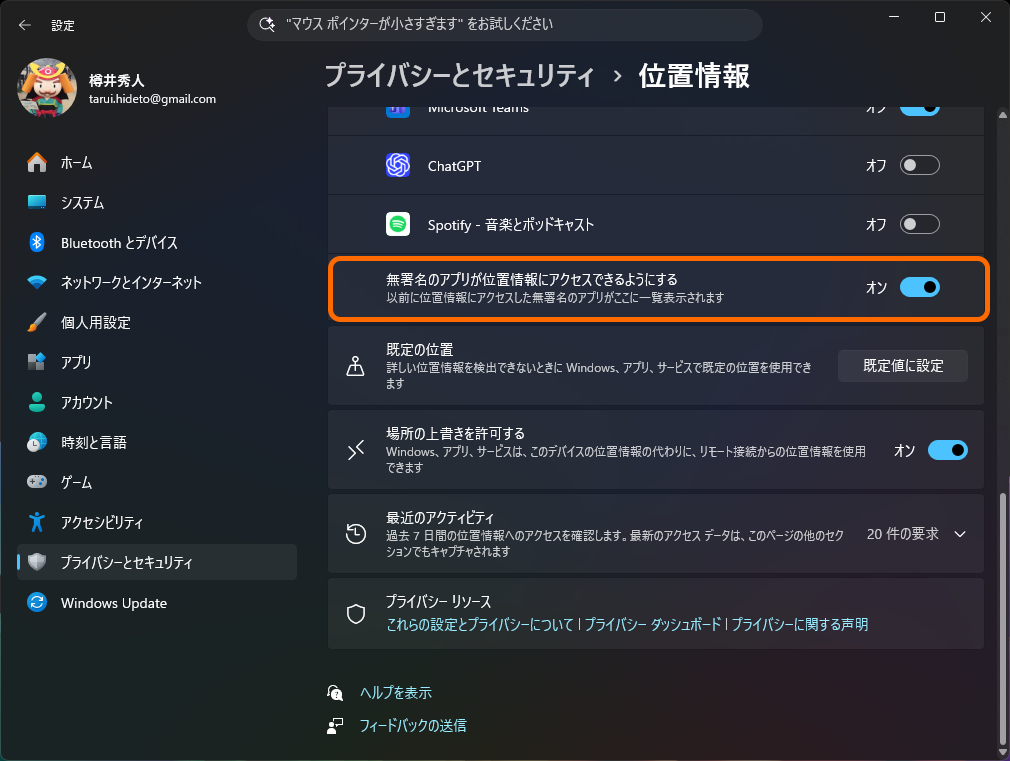 ［無署名のアプリが位置情報にアクセスできるようにする］オプション。筆者環境では有効だった