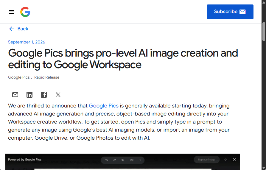 Google、AI画像生成・編集ツール「Google Pics」を「Google Workspace」に追加