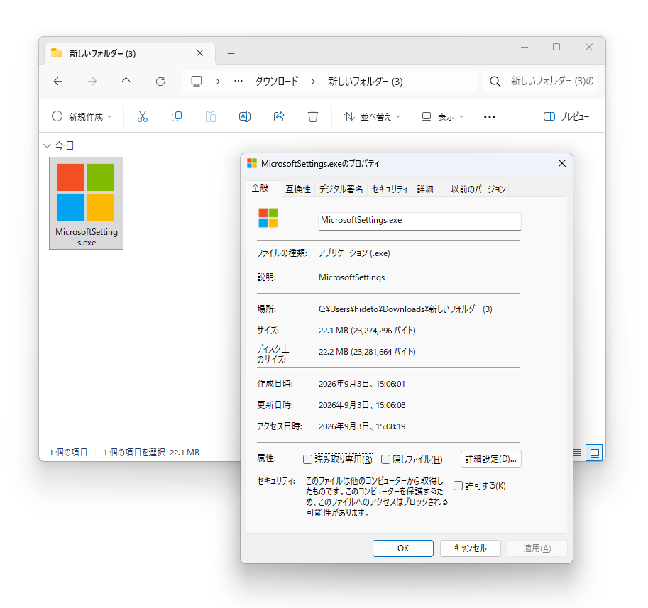 ダウンロードした「MicrosoftSettings.exe」。サイズは22.1MBある