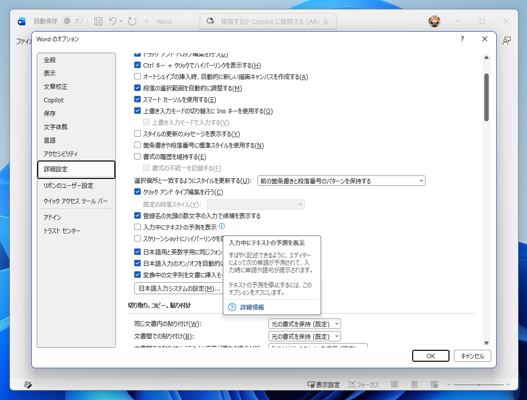 オプションダイアログの［詳細設定］ページ。テキスト予測のオプションがある