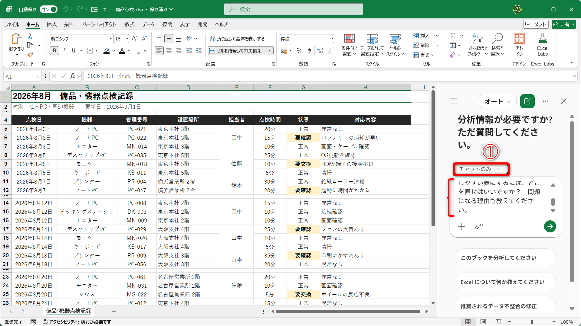 ［チャットのみ］（①）に切り替えて、上記のプロンプト（②）を送信します