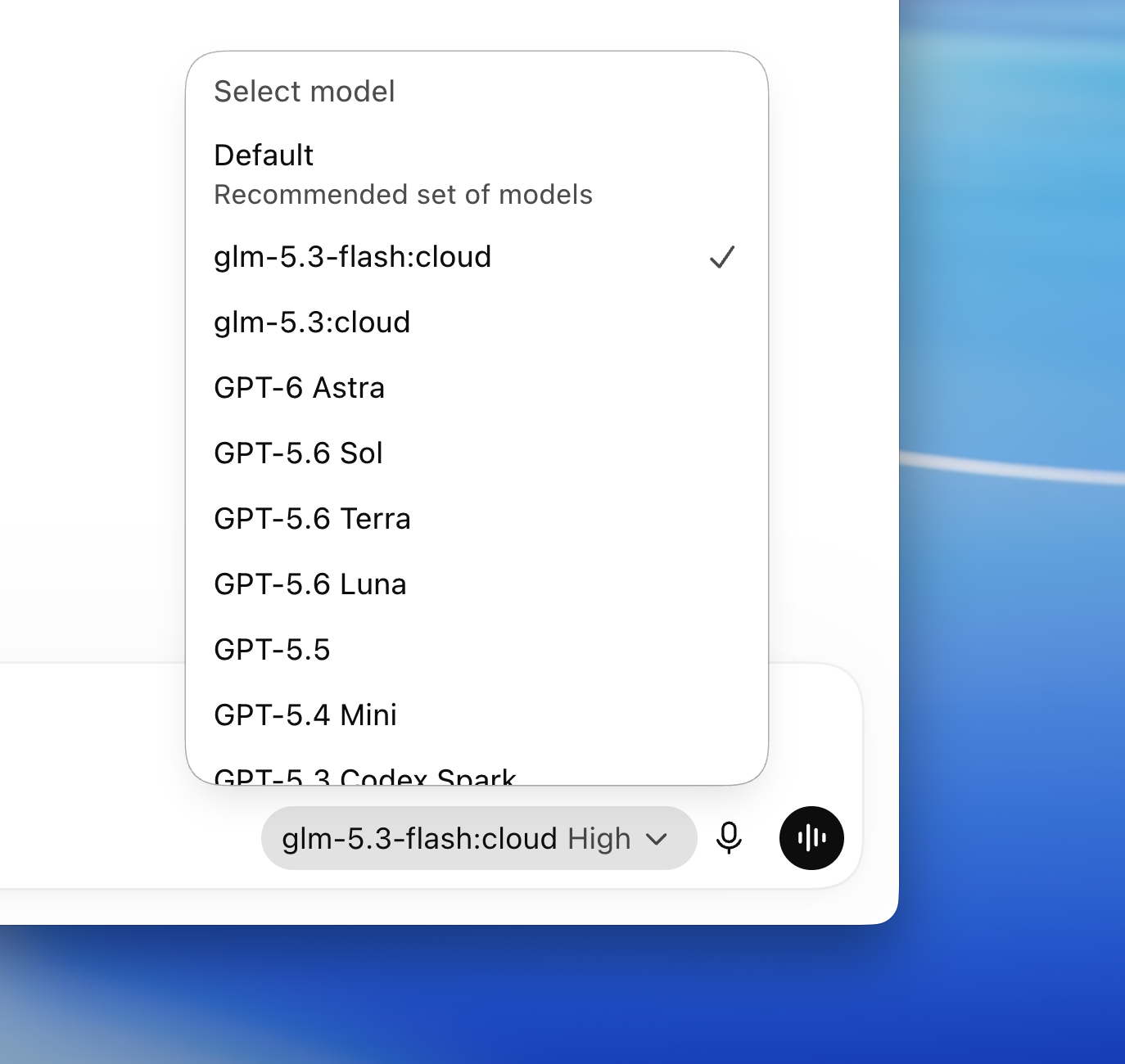 「ChatGPT」デスクトップアプリで「Ollama」のモデルを利用。画面ではクラウドモデルの「glm-5.3-flash:cloud」を選択