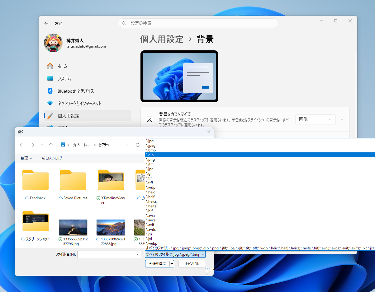 背景画像を選ぶダイアログで、「*.dib」形式を選べるように