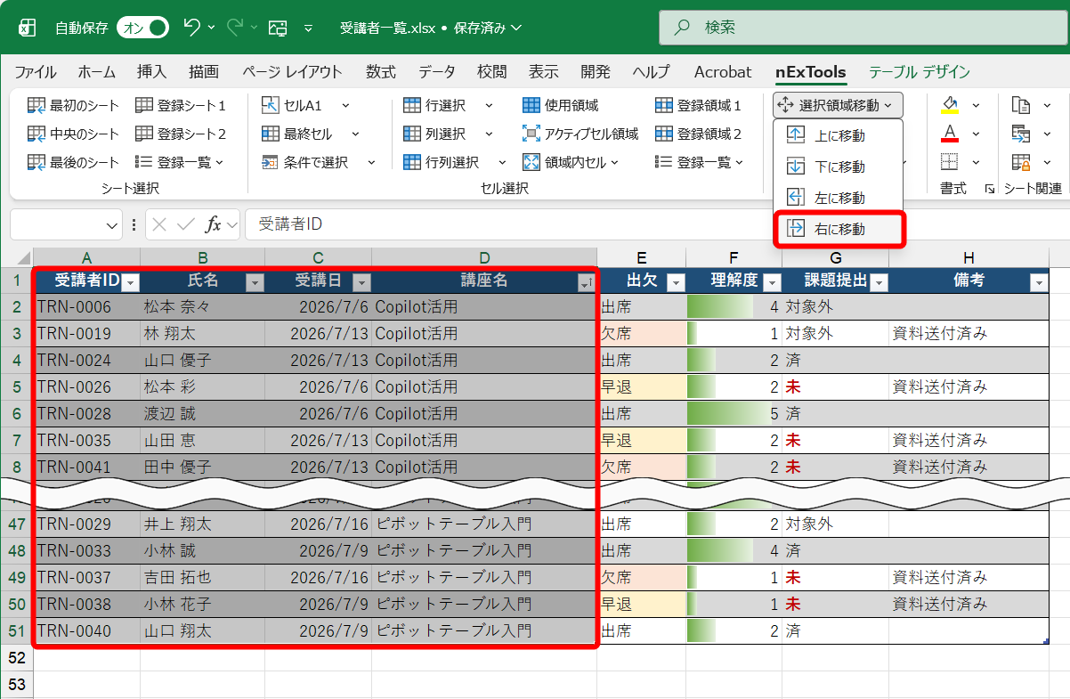 セルB2～E51を選択すべきところを、セルA2～D51を選択してしまった。［選択領域移動］をクリックして、［右に移動］を選択する