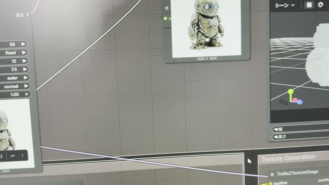 1つめの「KSampler」の設定値。シード56、ステップ12、CFG 7.5、euler / normal。右奥に粗い塊の段階の3Dプレビューが白く見えている。左に写っているのは、この前に生成した別のキャラクター