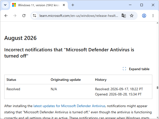 「Windows リリース正常性」における当該問題の記載