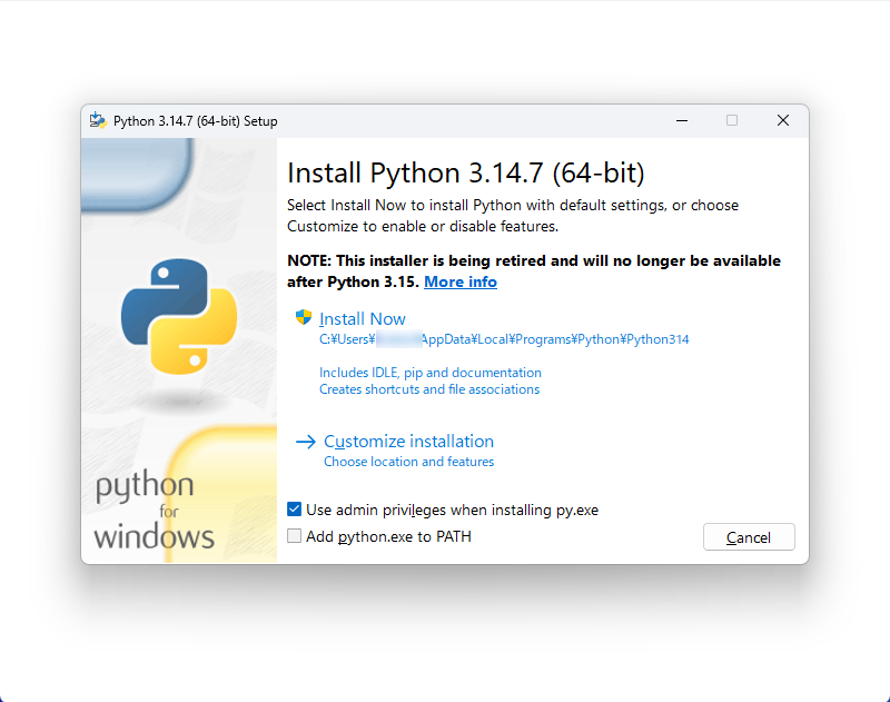 「Python 3.14.7」のインストーラー。『このインストーラーは引退予定で、Python 3.15より後は提供されない』と告知されている