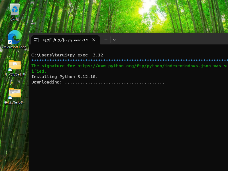 一時的に「Python 3.12」で処理する『py exec -3.12』を実行。「Python 3.12」がなければ自動でセットアップされる