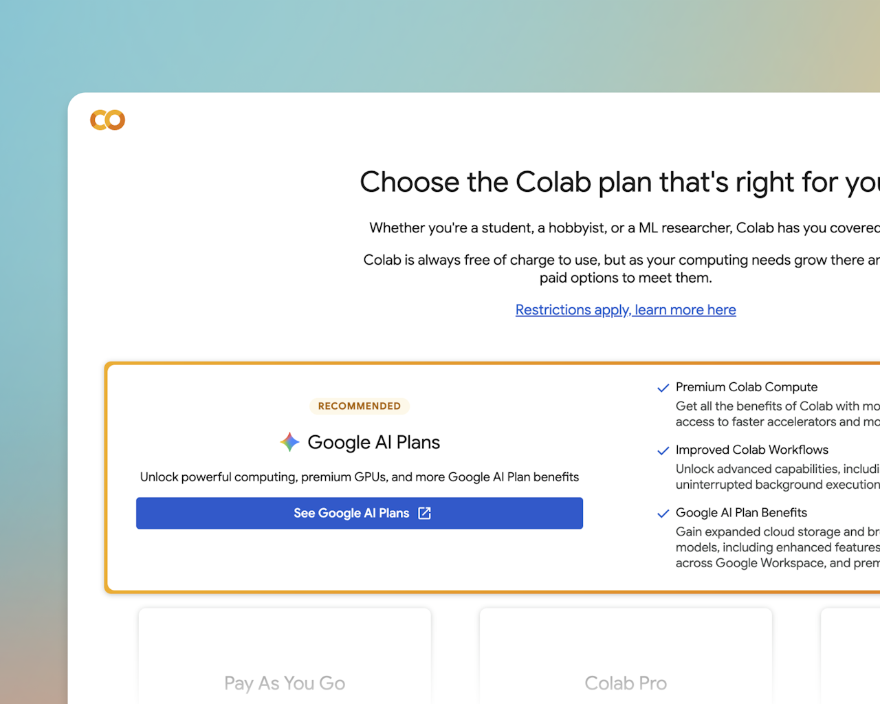 「Google Colab」のプレミアム特典、「Google AI」プラン契約者にも開放