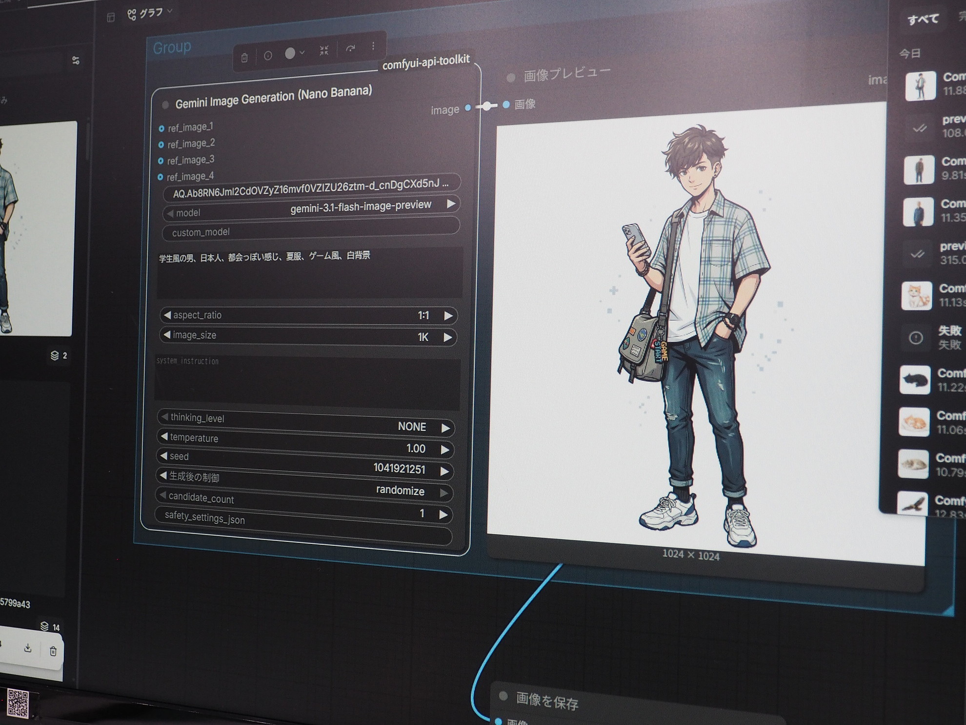 『学生風の男、日本人、都会っぽい感じ、夏服、ゲーム風、白背景』で2D画像を生成したところ
