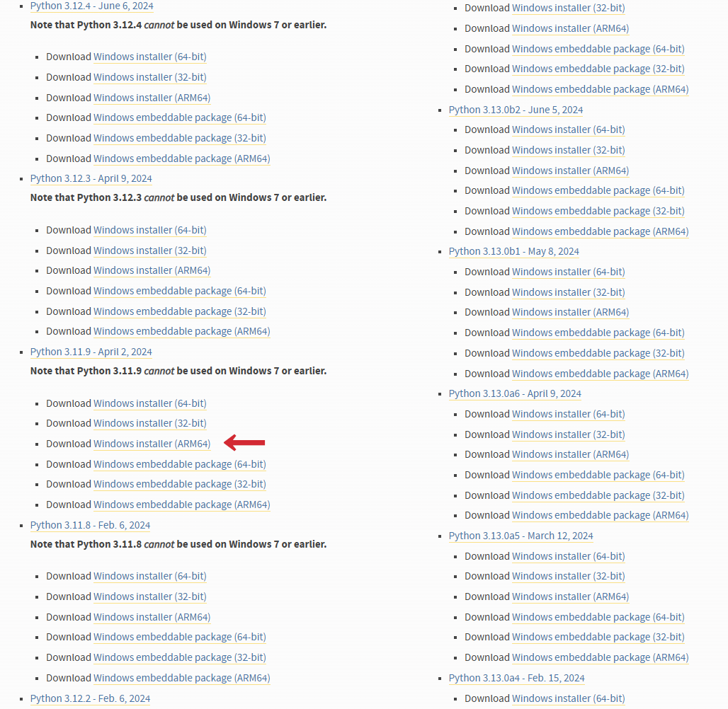 PythonのWindows向けのダウンロードページから、3.11を探す