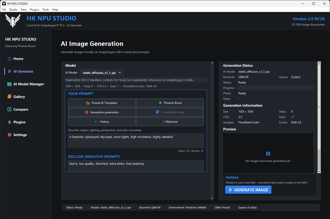 ［AI Generate］の画面。AIモデルは［stable_diffusion_v3_5_qai］が選択済み