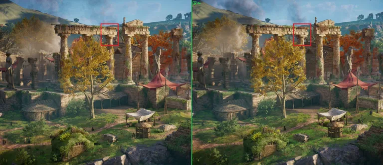 『アサシン クリード ヴァルハラ』での比較。左がネイティブの1600p・設定「High」、右が1050pから1600pへアップスケーリングした設定「Ultra High」