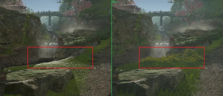 『アサシン クリード シャドウズ』での比較。「Ultra High」にすると、ネイティブ・設定「Very Low」（左）では描画されなかった花壇や背の高い草（赤枠内）まで描かれる