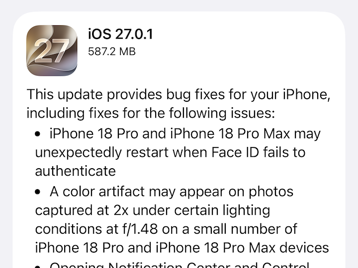 Apple、「iOS 27.0.1」を公開