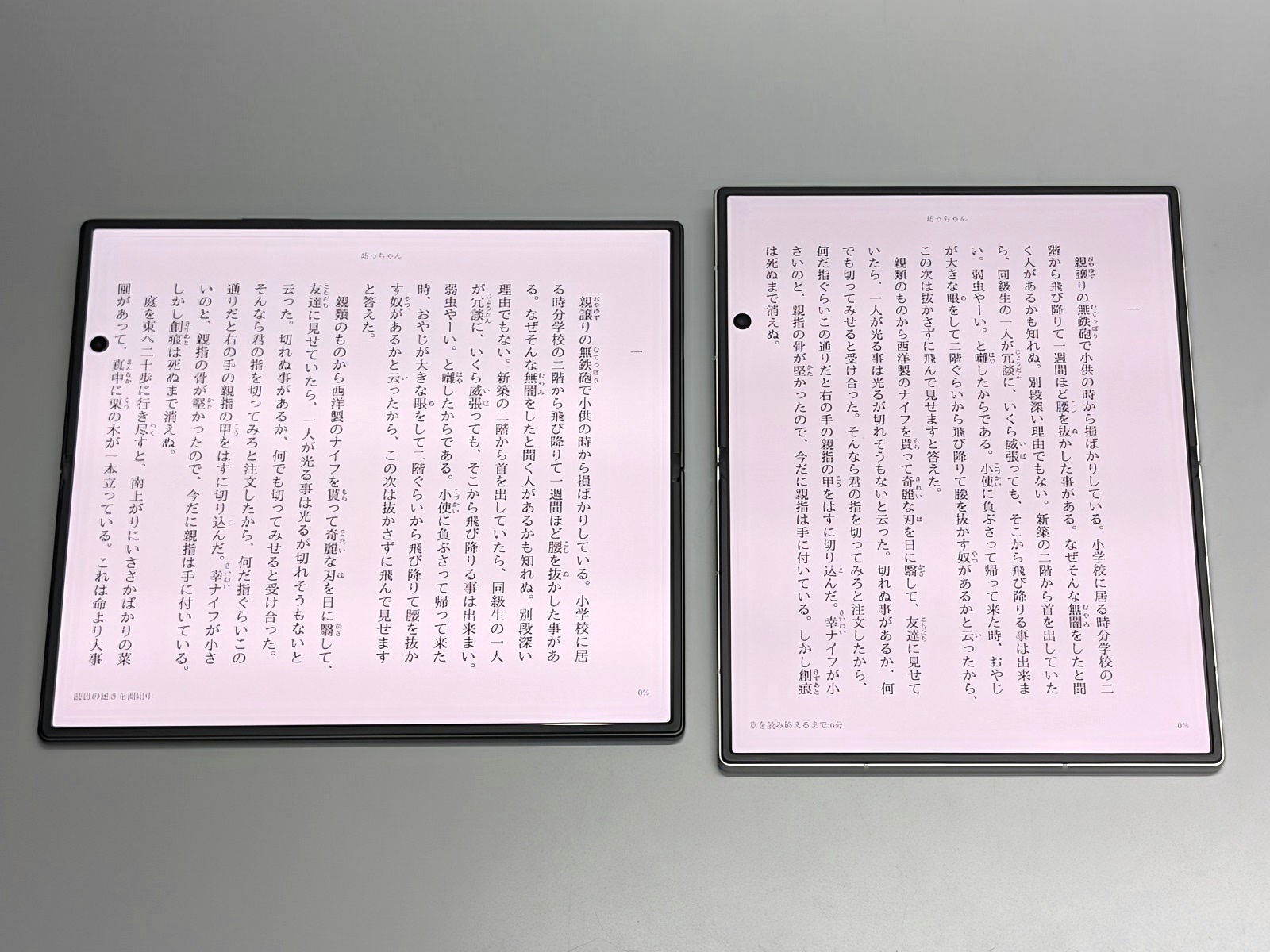 両者を縦に90°回転させた状態。縦長タイプ（左）はもともと正方形に近い比率ゆえ、回転させてもそれほど印象は変わらない