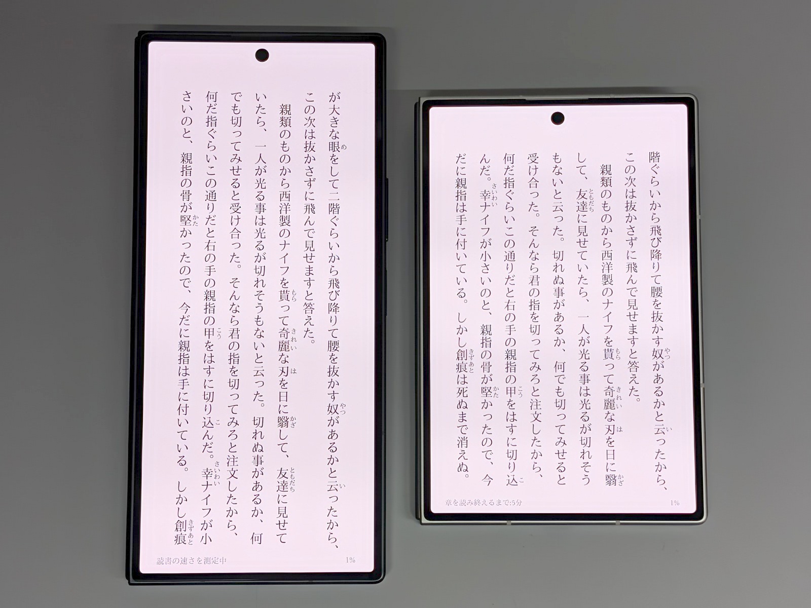 カバーディスプレイでテキストコンテンツを表示した場合の比較。縦長タイプ（左）は1行あたりの文字数が多すぎて視線移動に疲れがち