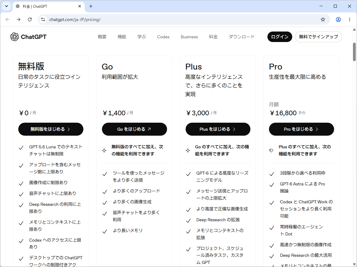 「ChatGPT」のプラン