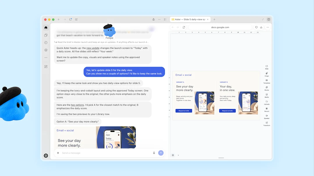 “質問に答える”だけでなく、接続したアプリの情報を活用しながら自律的にタスクを進める相棒。目標や好みを学習しながら継続的に支援してくれる