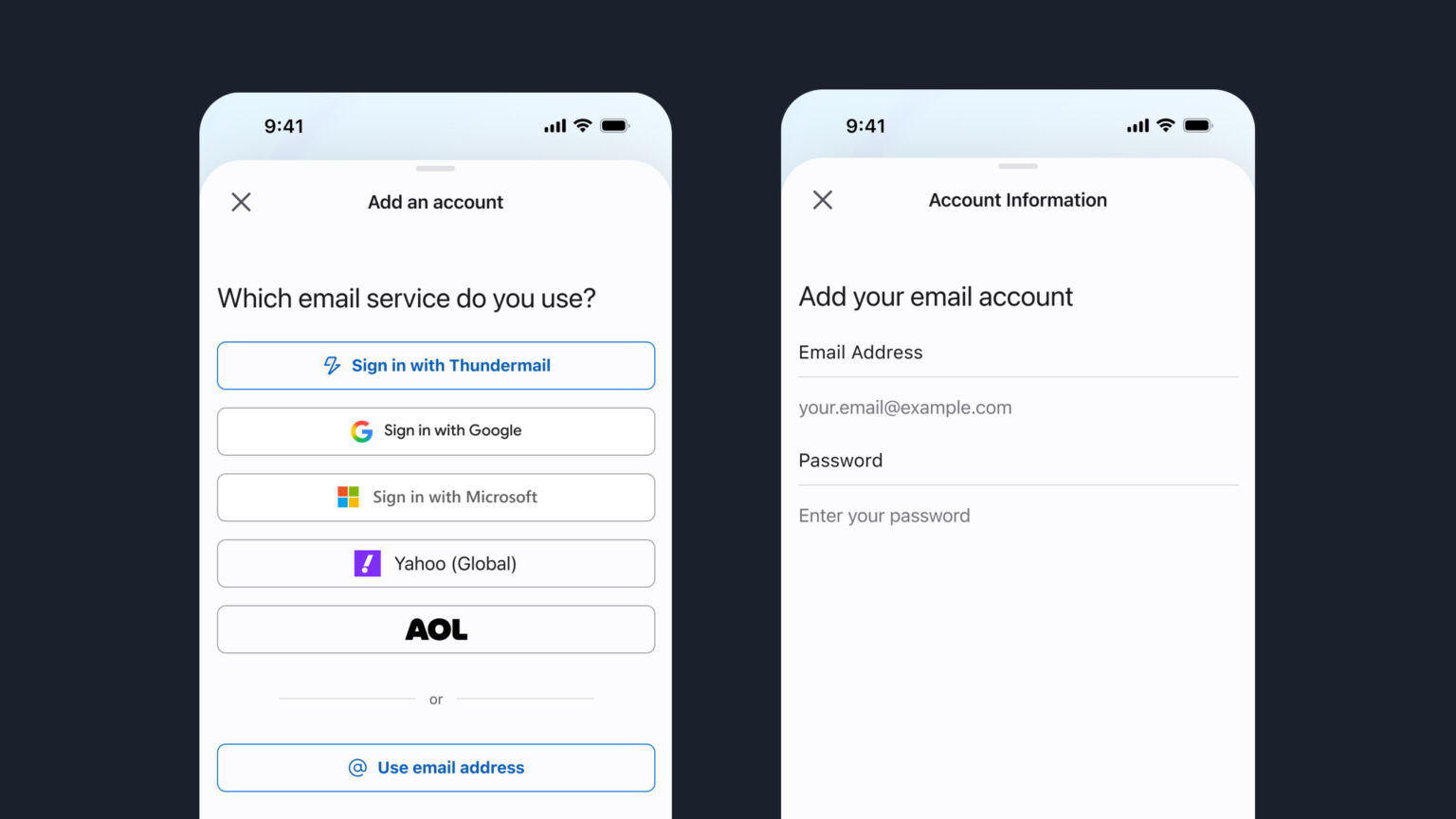 アカウントの追加画面。「Thundermail」「Google」「Microsoft」「Yahoo」「AOL」などから選べる