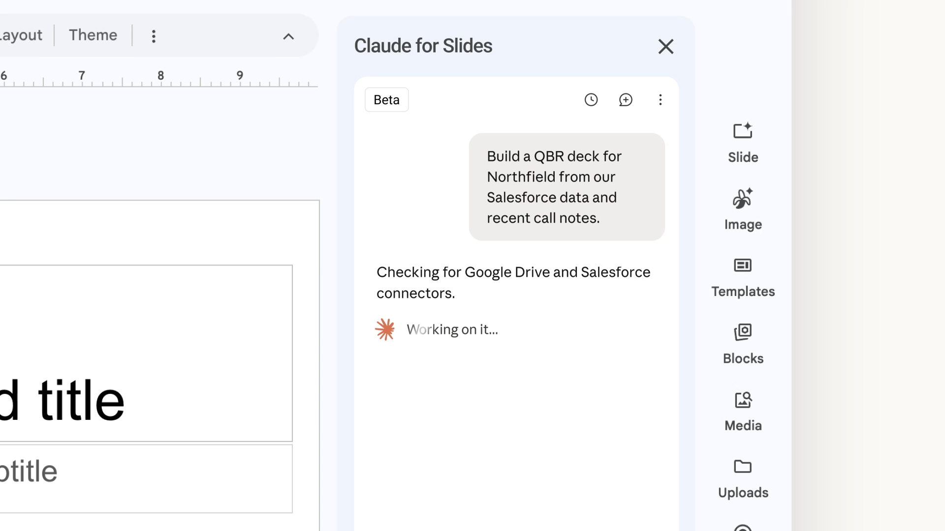 「Google スライド」で、Salesforceのデータや最近の通話メモをもとに資料の作成を依頼