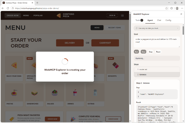 「WebMCP Explorer」でWebMCP対応のピザ注文サイトを操作しているところ
