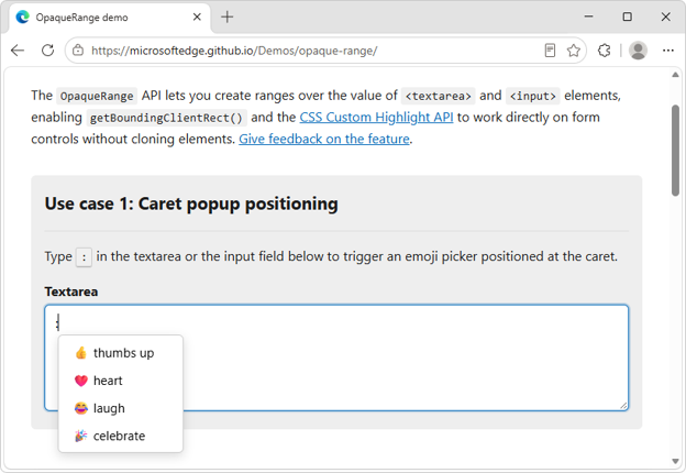 「OpaqueRange API」のデモ。入力欄のキャレットの位置に絵文字のピッカーを表示